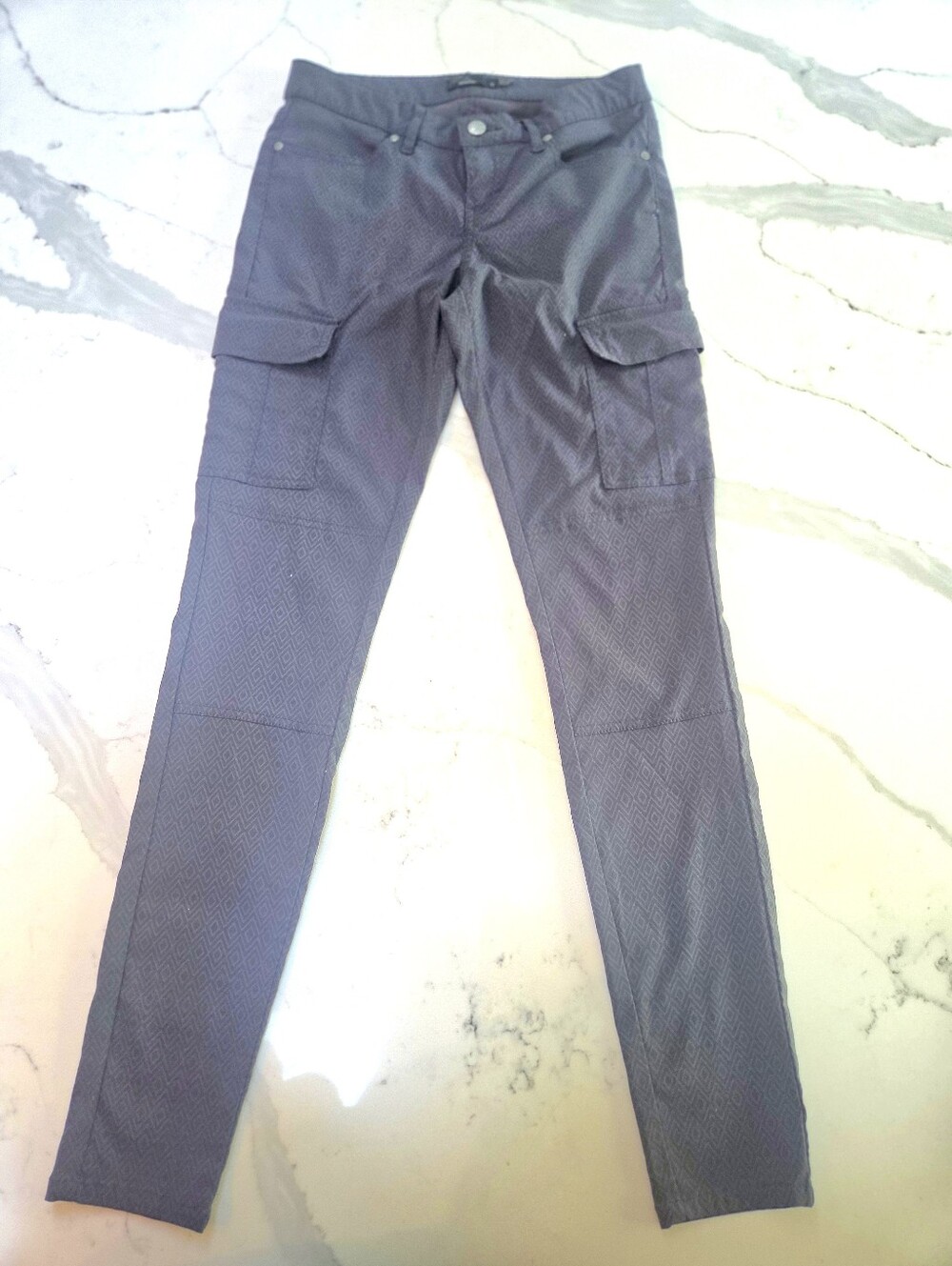 Prana Meme Slim Cargo Pants in Textured Charcoal Diamond Print